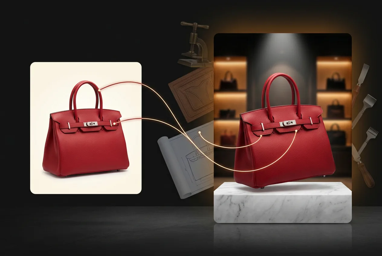 Luxury red Hermès Birkin handbag displayed on marble pedestal with design sketches and tools in upscale atelier setting