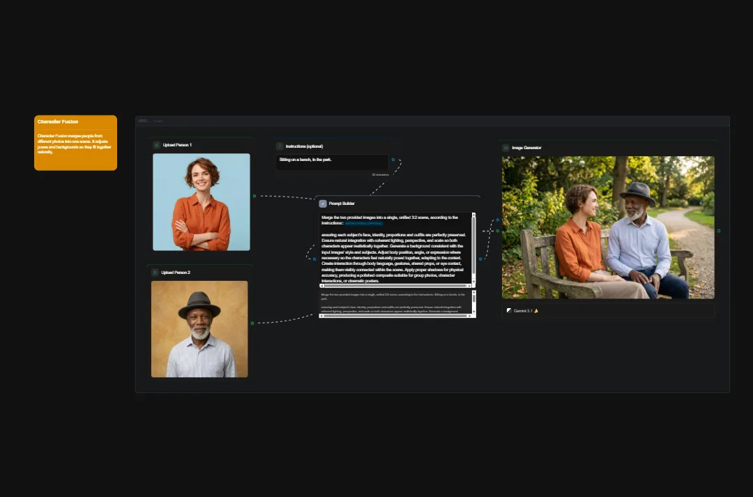 AI image generator interface showing uploaded portrait photos, image descriptor text analysis, and generated outdoor couple portrait results in side-by-side comparison layout