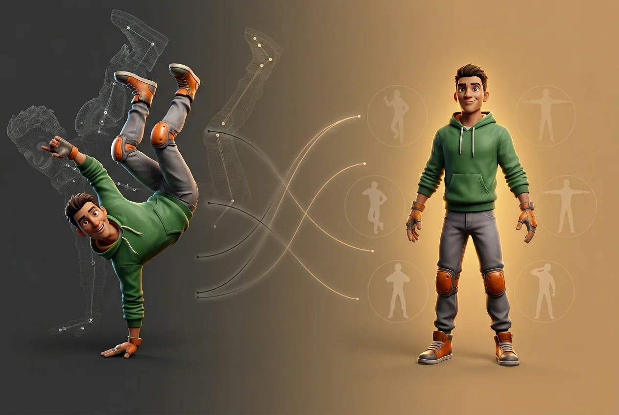 Animated boy character in green hoodie and orange sneakers shown in breakdancing pose and standing pose with tech interface elements