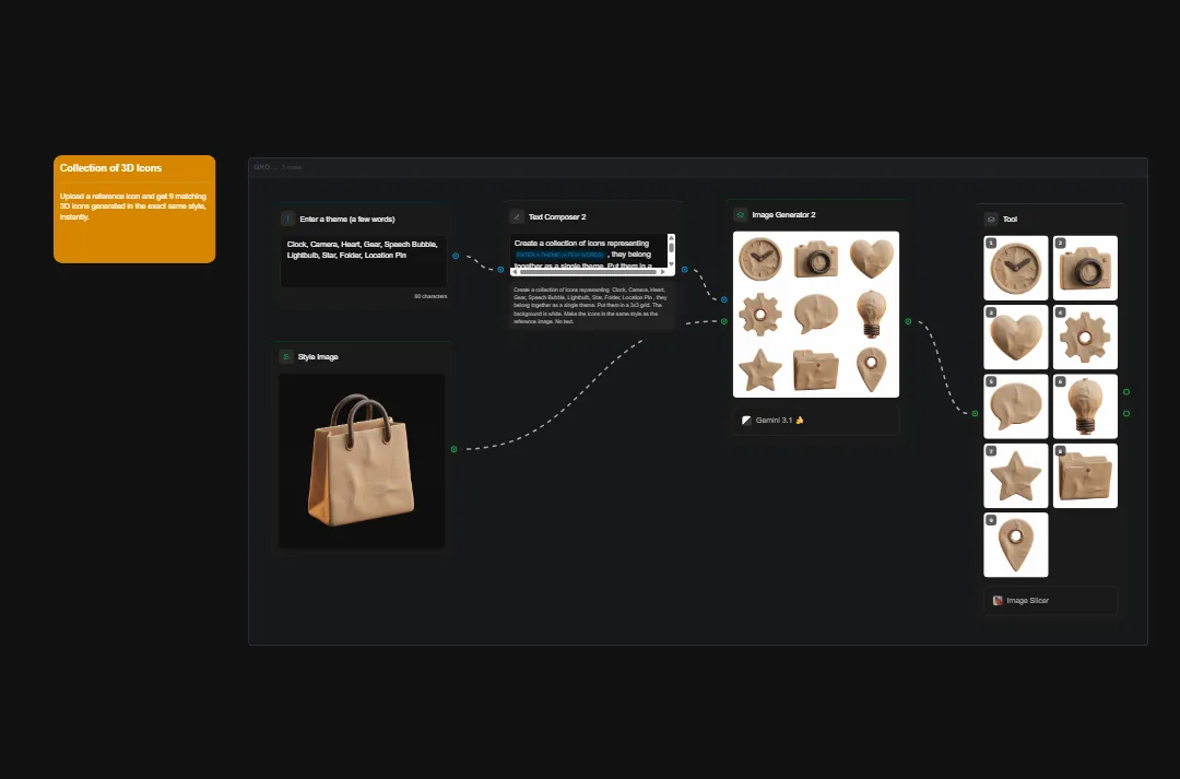 AI workflow interface showing 3D icon generation with text input, style reference, and output collection of wooden icons including gears, bags, and abstract shapes
