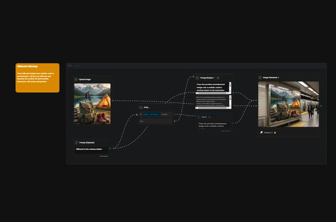Billboard mockup template showing upload image workflow with camping scene displayed on outdoor advertising structure