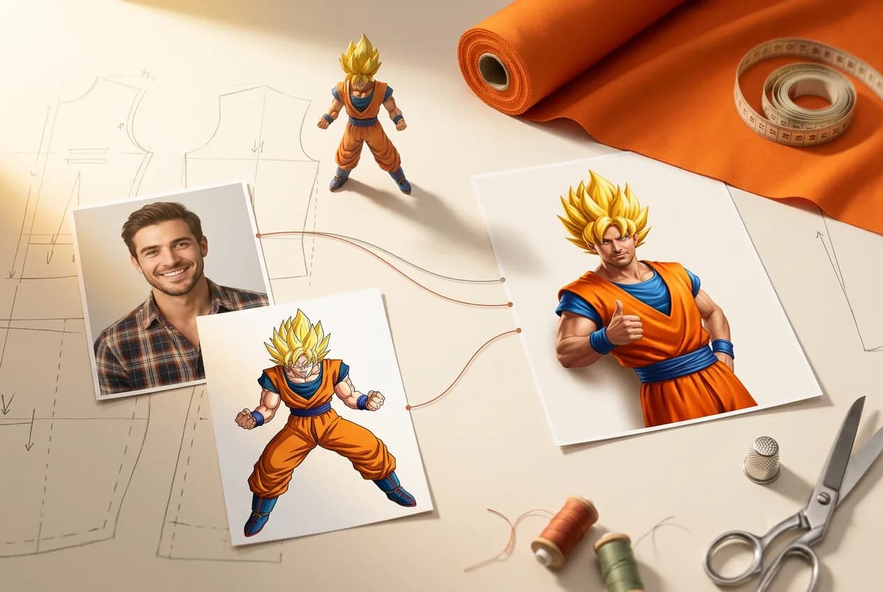 Anime character design studio showing male reference photo and multiple Super Saiyan costume illustrations with golden spiky hair, orange gi, and blue undershirt surrounded by sewing tools and fabric.