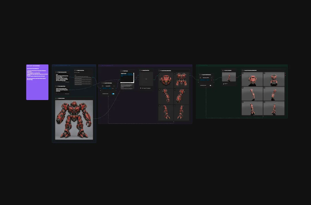 3D robot character design sheet with red and orange mechanical body, multiple animation frames, rigging diagrams, and technical documentation on dark background