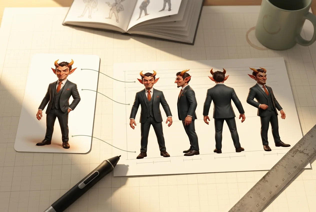 Character design sheet showing demon businessman in dark suit and red tie from multiple angles with horns and facial features for animation or game development