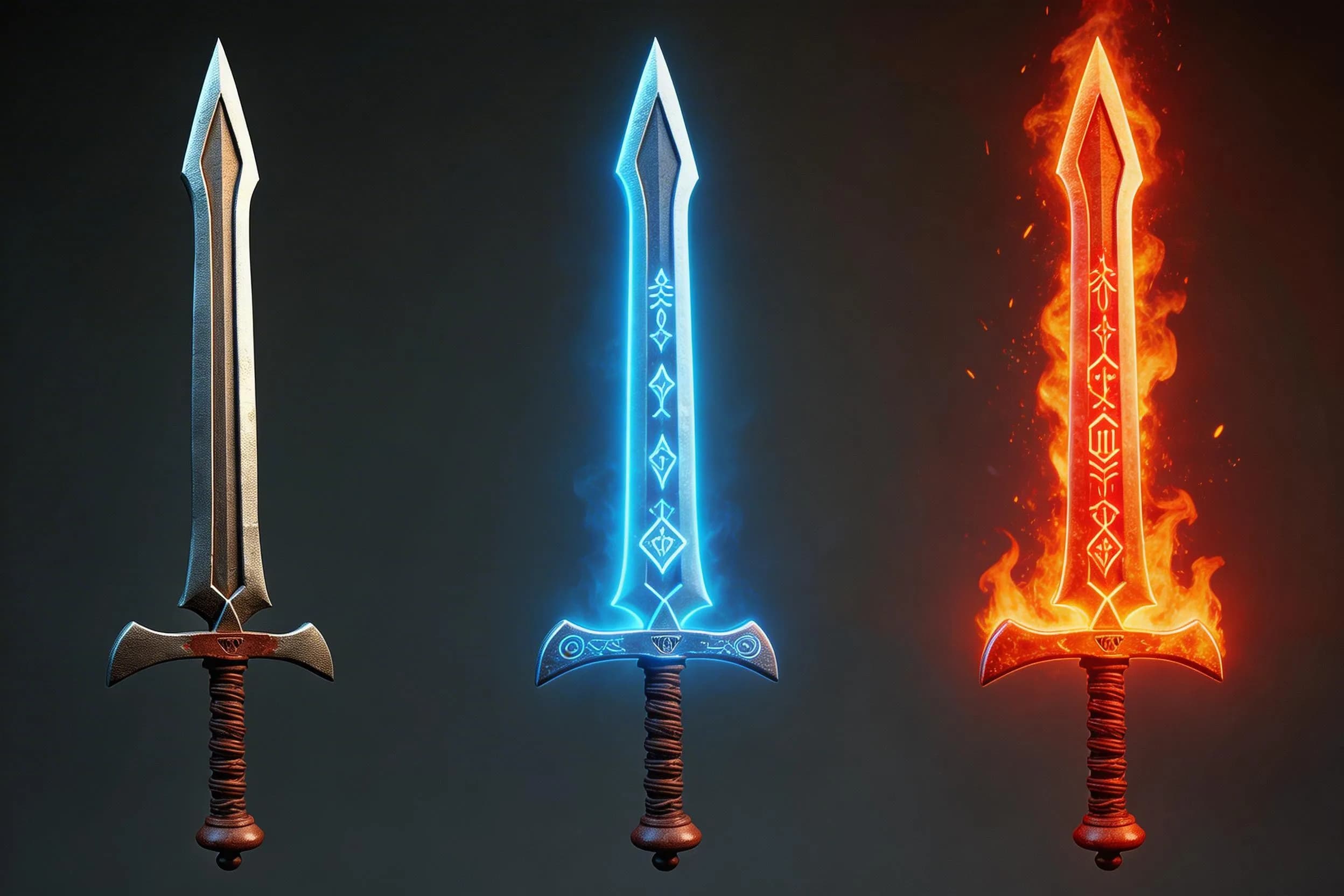Three fantasy swords with ice blue and fire red glowing magical effects on dark background