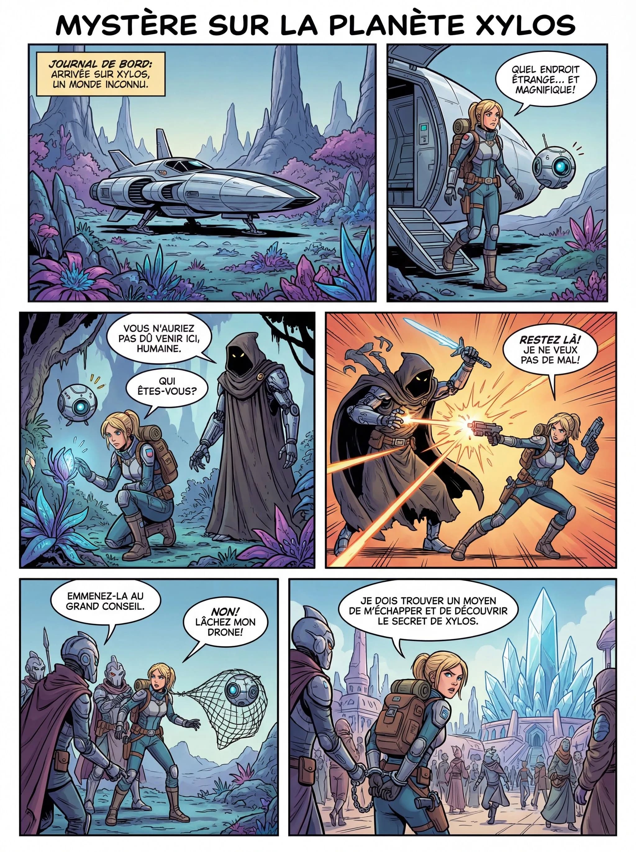 French science fiction comic strip showing female astronaut discovering an alien planet Xylos with mysterious dark figure and futuristic spaceship