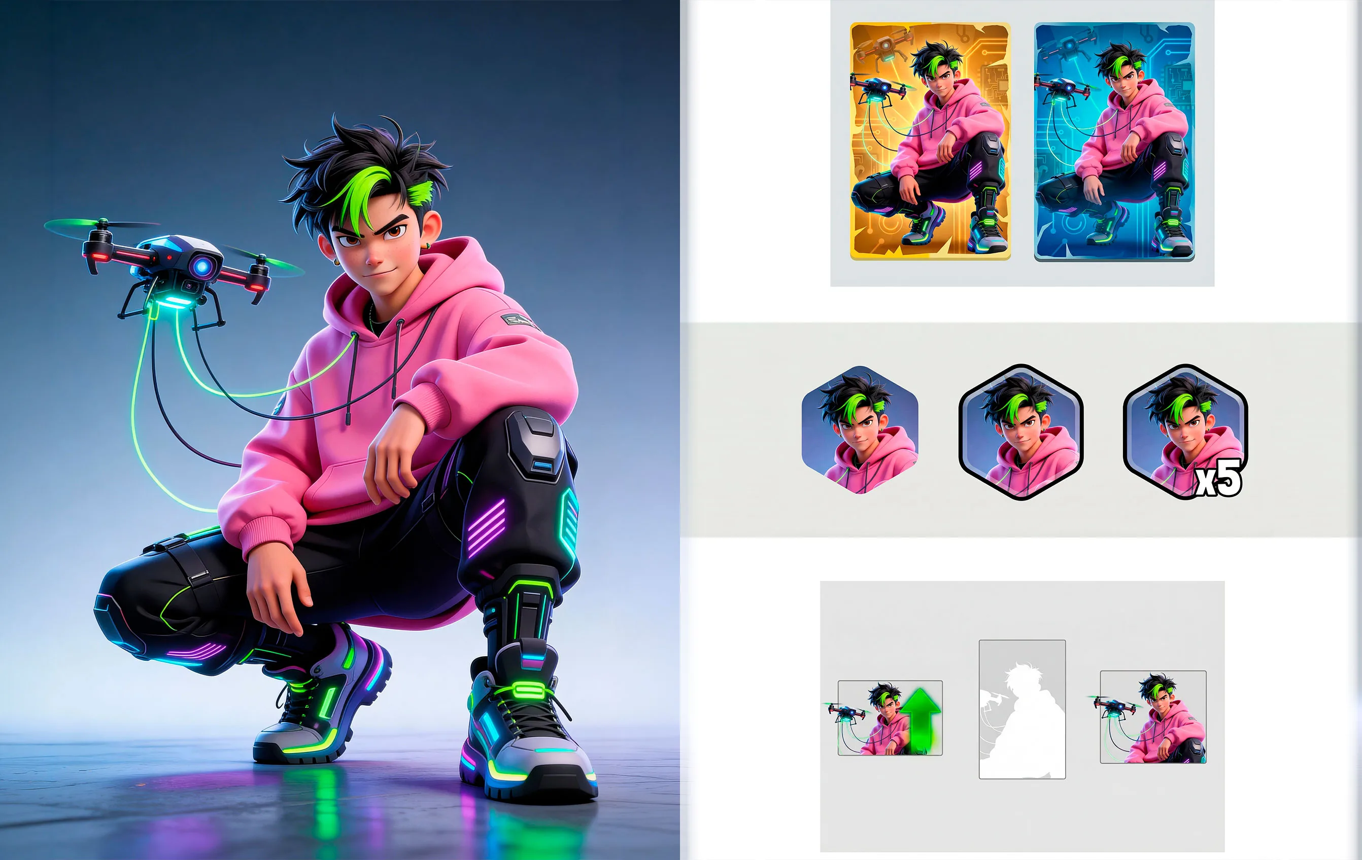 Young cyberpunk character in pink hoodie with neon green hair holding futuristic drone, wearing tech boots against blue gradient background