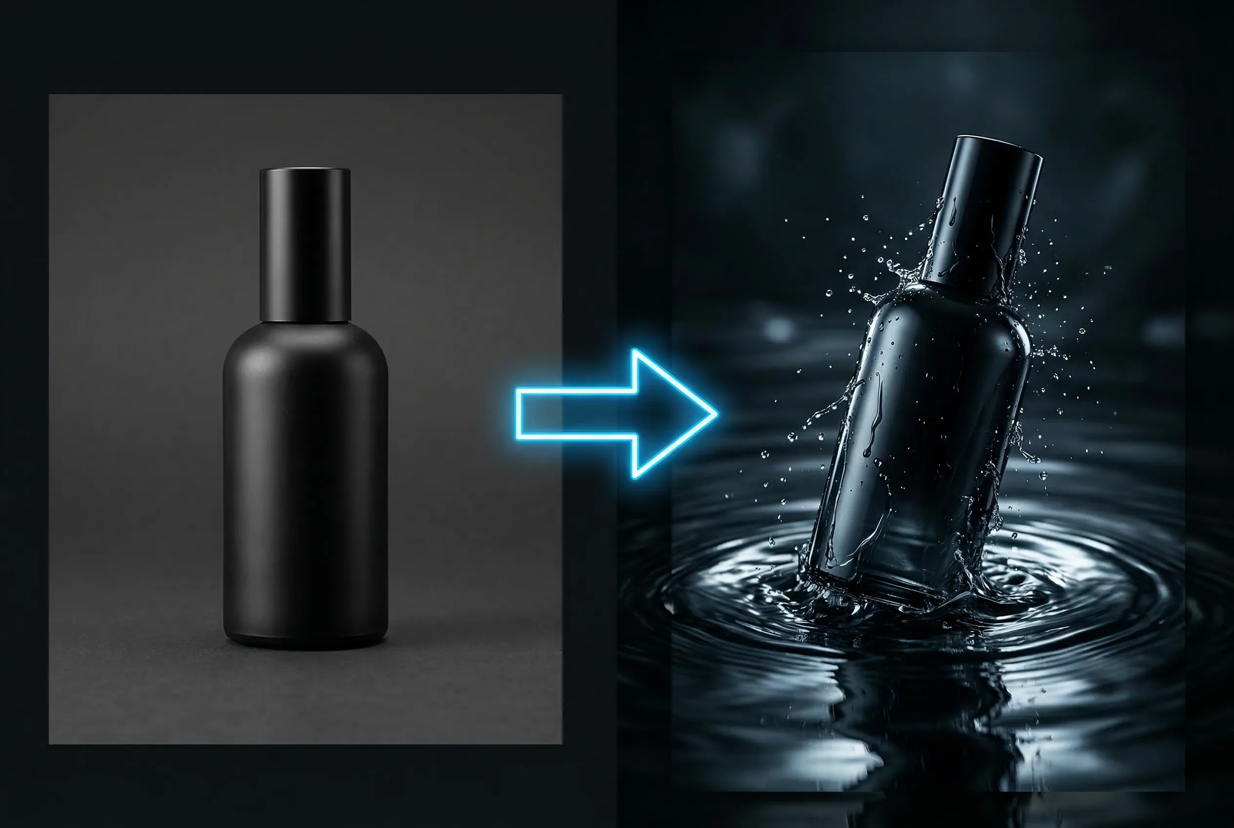 Black cosmetic bottle before and after water splash effect, minimalist product photography mockup with neon arrow transition