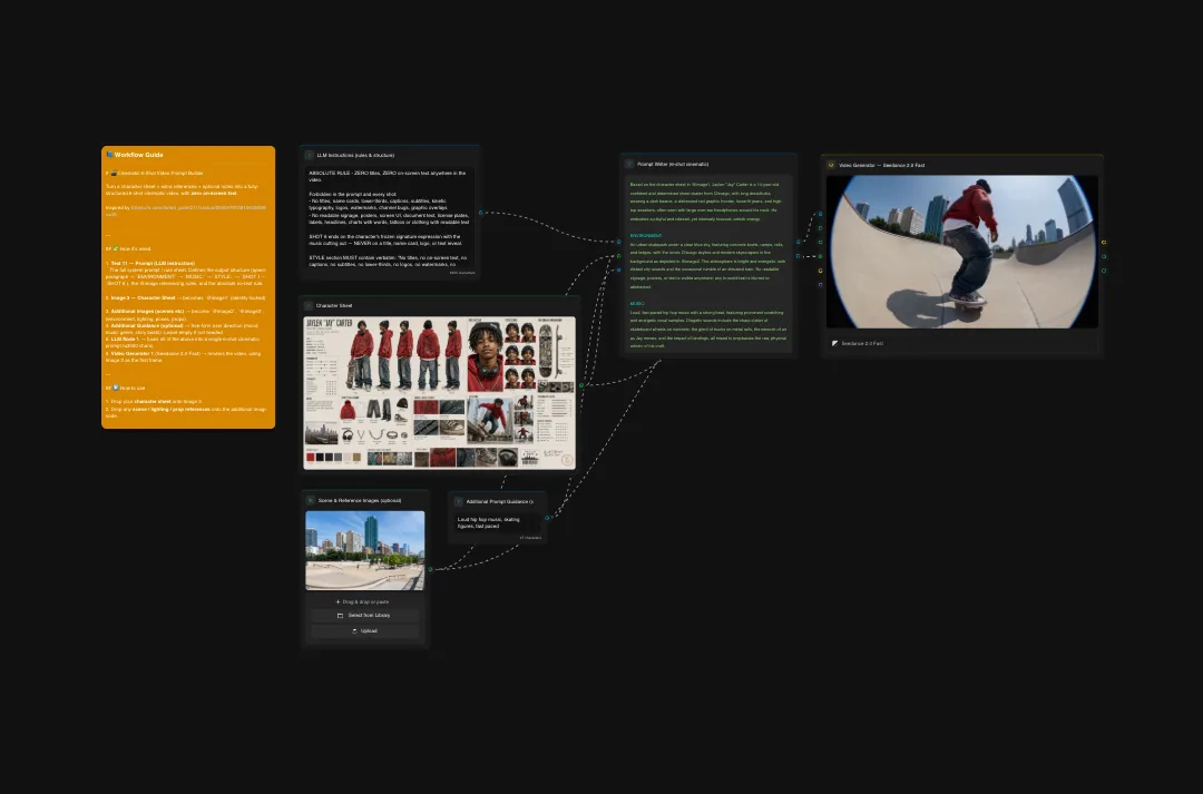 Design portfolio workflow board showing fashion lookbook references, character design sheets, mood boards, urban photography, and skateboarding footage on dark background