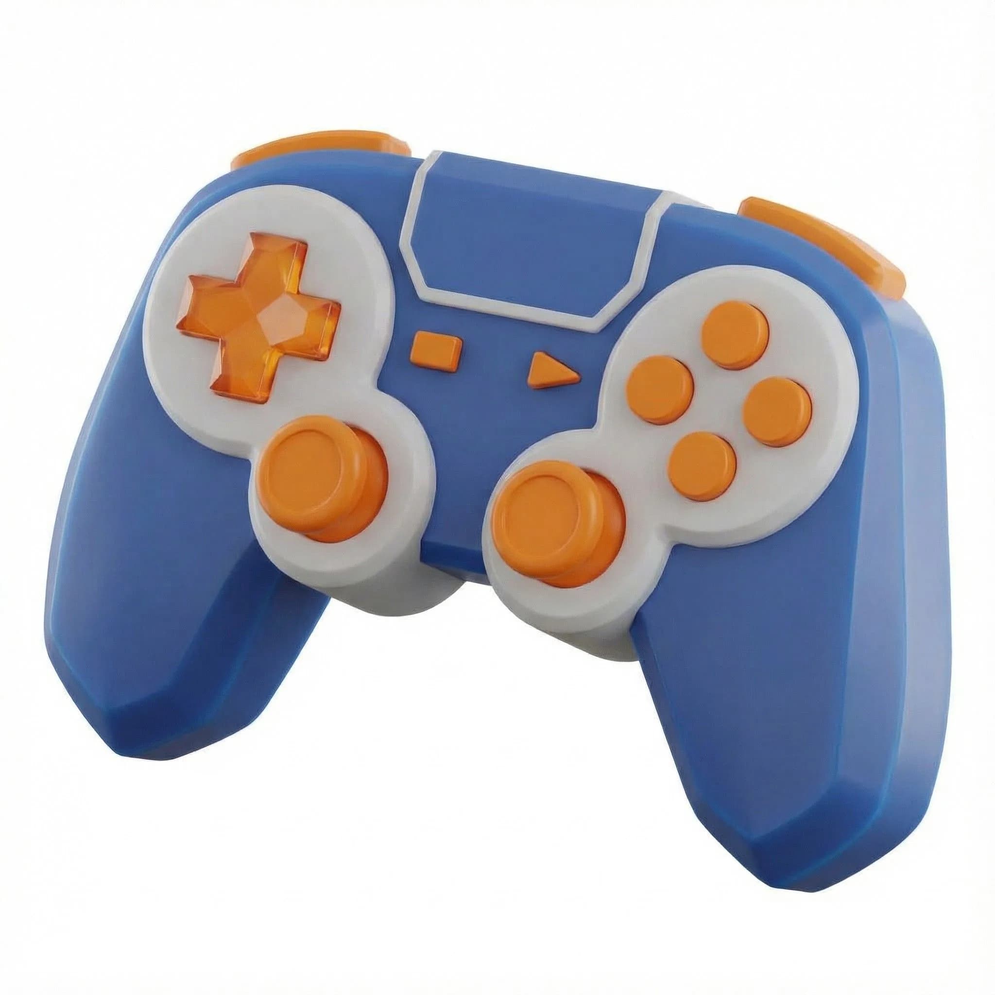 3D illustration of a blue and orange gaming controller with d-pad and button layout