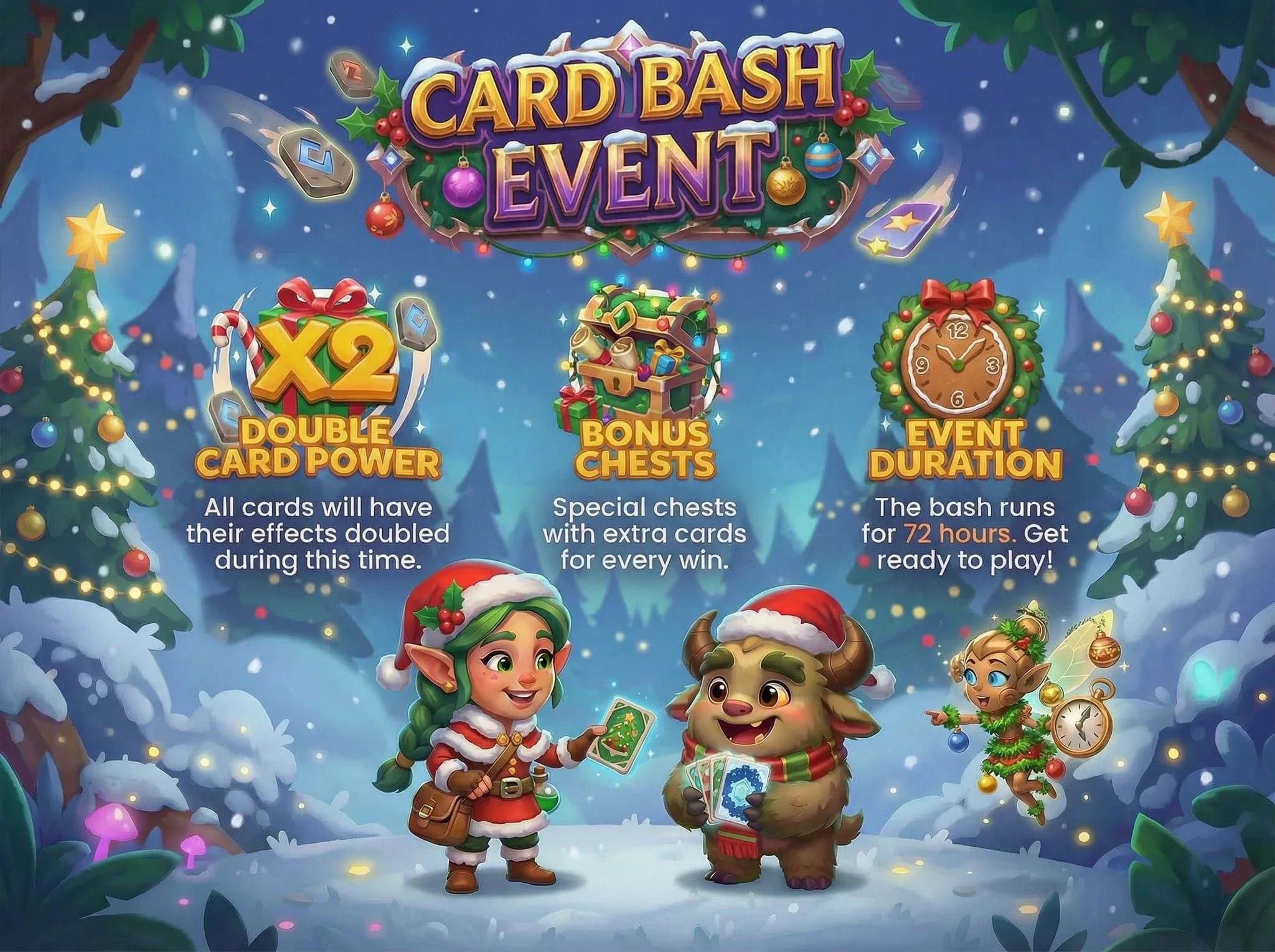 Card Bash Event holiday game promotion featuring festive characters, x2 double card power bonus, special bonus chests, and 72-hour event duration on snowy winter background