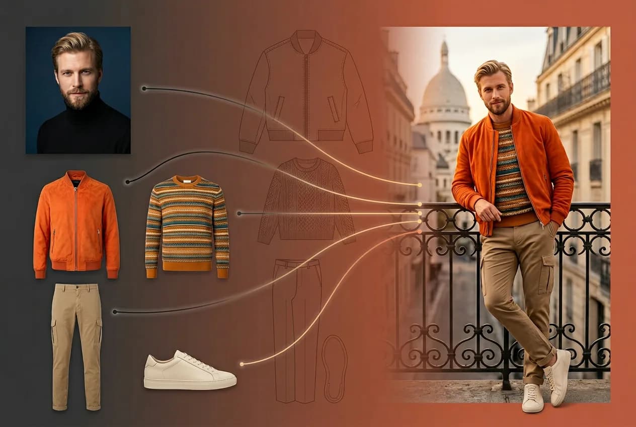 Male model wearing orange bomber jacket, striped sweater, and khaki pants on Parisian balcony with Sacré-Cœur cathedral background, paired with style guide showing coordinated outfit pieces