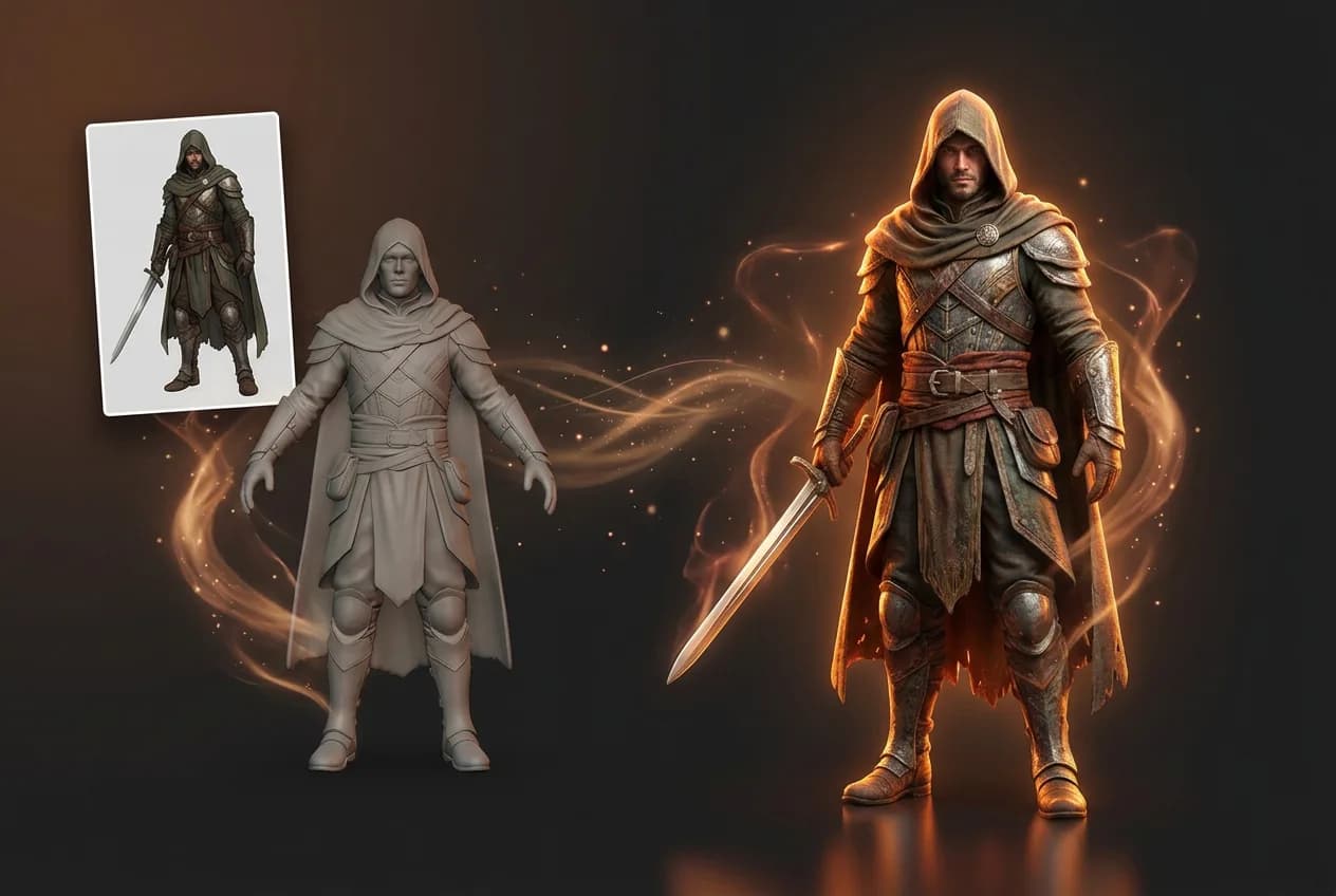 3D fantasy warrior character evolution showing clay sculpt reference and glowing golden armored knight with sword in epic medieval game art style