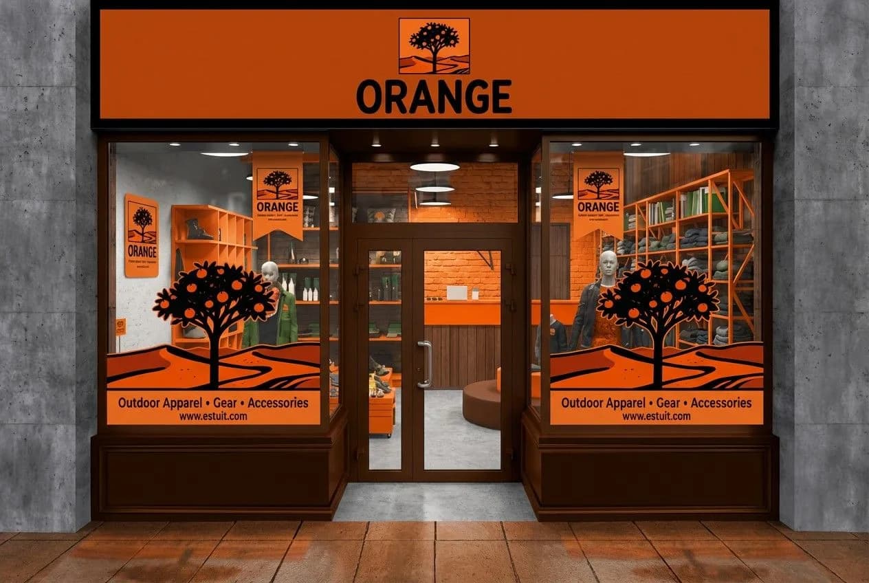 Orange outdoor apparel retail storefront with tree logo, wooden interior, and merchandise displays