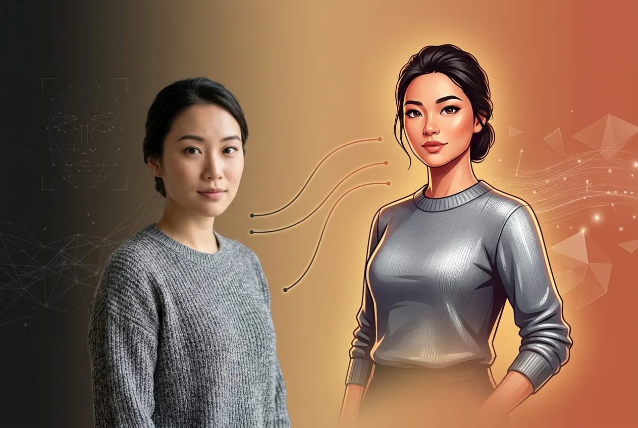 Asian woman portrait with AI-generated digital transformation, showing realistic photo on left and stylized animated version on right with tech elements