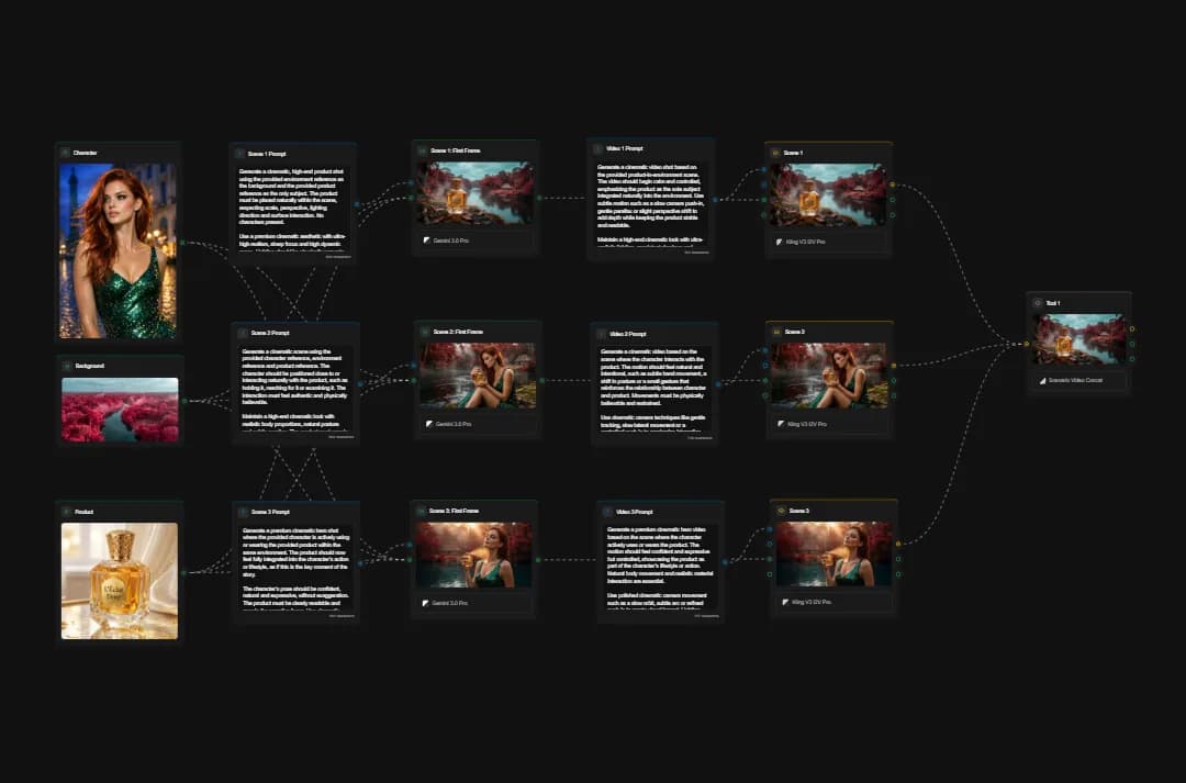 AI art generation workflow diagram showing character, scene, and product design progression with multiple style iterations and visual refinements