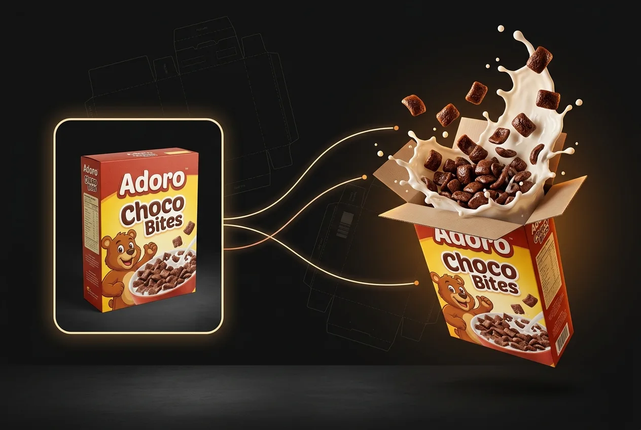 Adoro Choco Bites cereal box with chocolate milk splash and floating cereal pieces on dark background