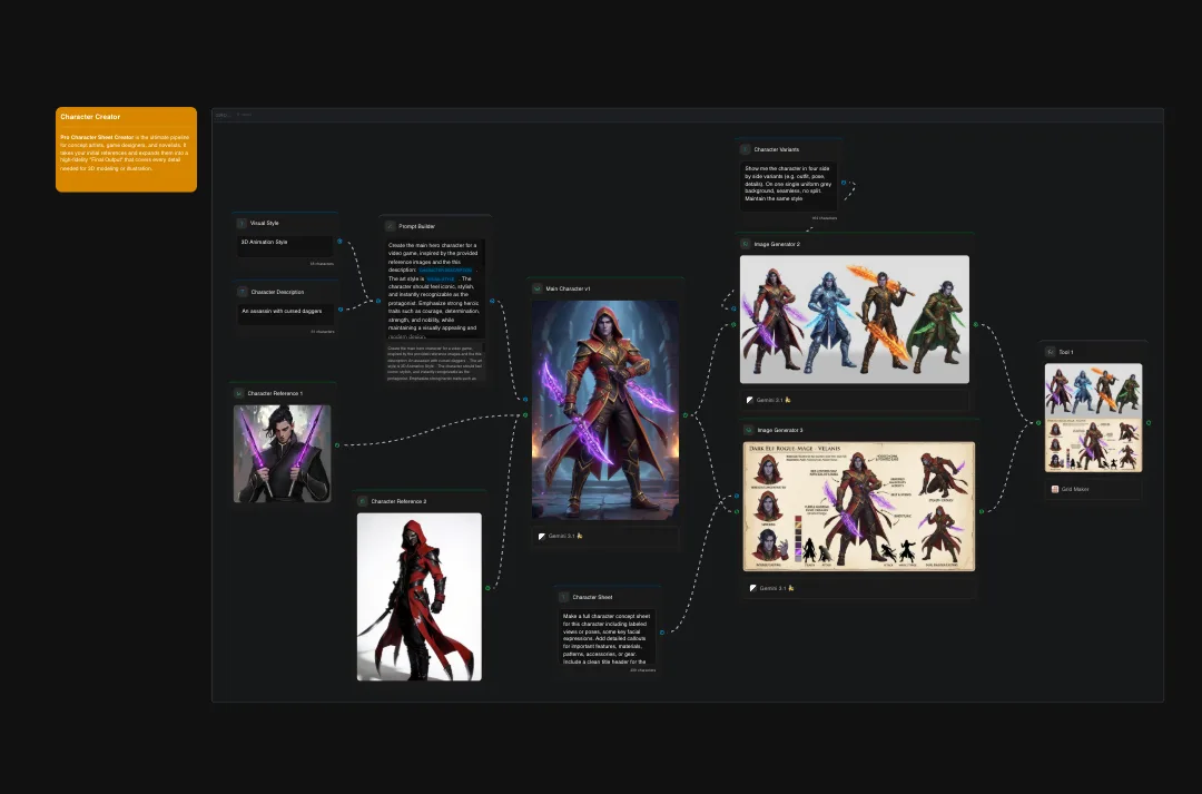 Character creator interface showing fantasy RPG characters with visual customization options, character sheets, and design variations in dark theme layout