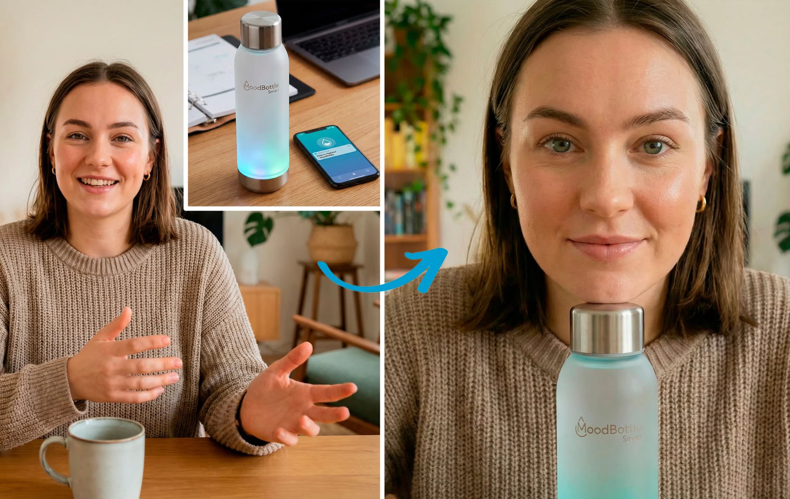 Woman demonstrating smart water bottle with app control and hydration tracking technology for wellness and healthy lifestyle management