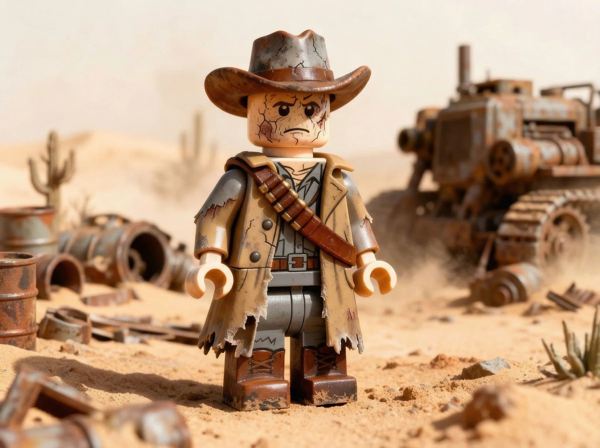 LEGO cowboy minifigure with weathered face and brown hat standing in dusty desert ghost town with abandoned vehicles and saguaro cacti
