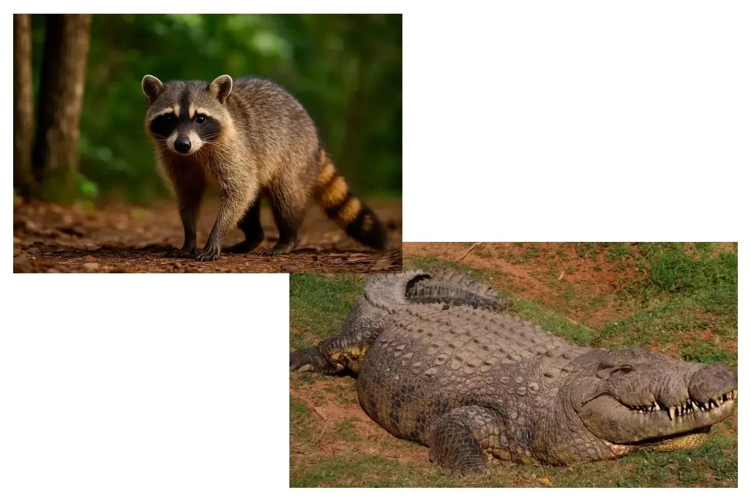 Raccoon with distinctive black mask and ringed tail in forest, paired with close-up of crocodile head showing scales and teeth on ground