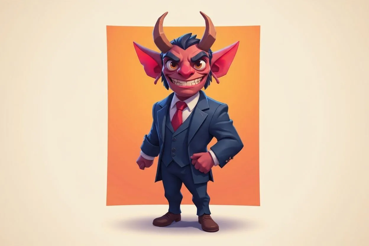 Cartoon devil character in blue business suit and red tie with horns, grinning against orange background