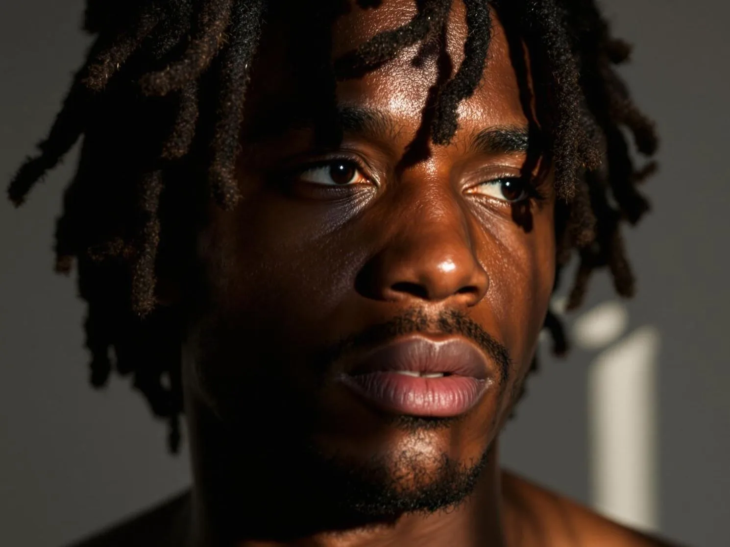 Close-up portrait of Black man with dreadlocks and facial hair, professional studio lighting against neutral background