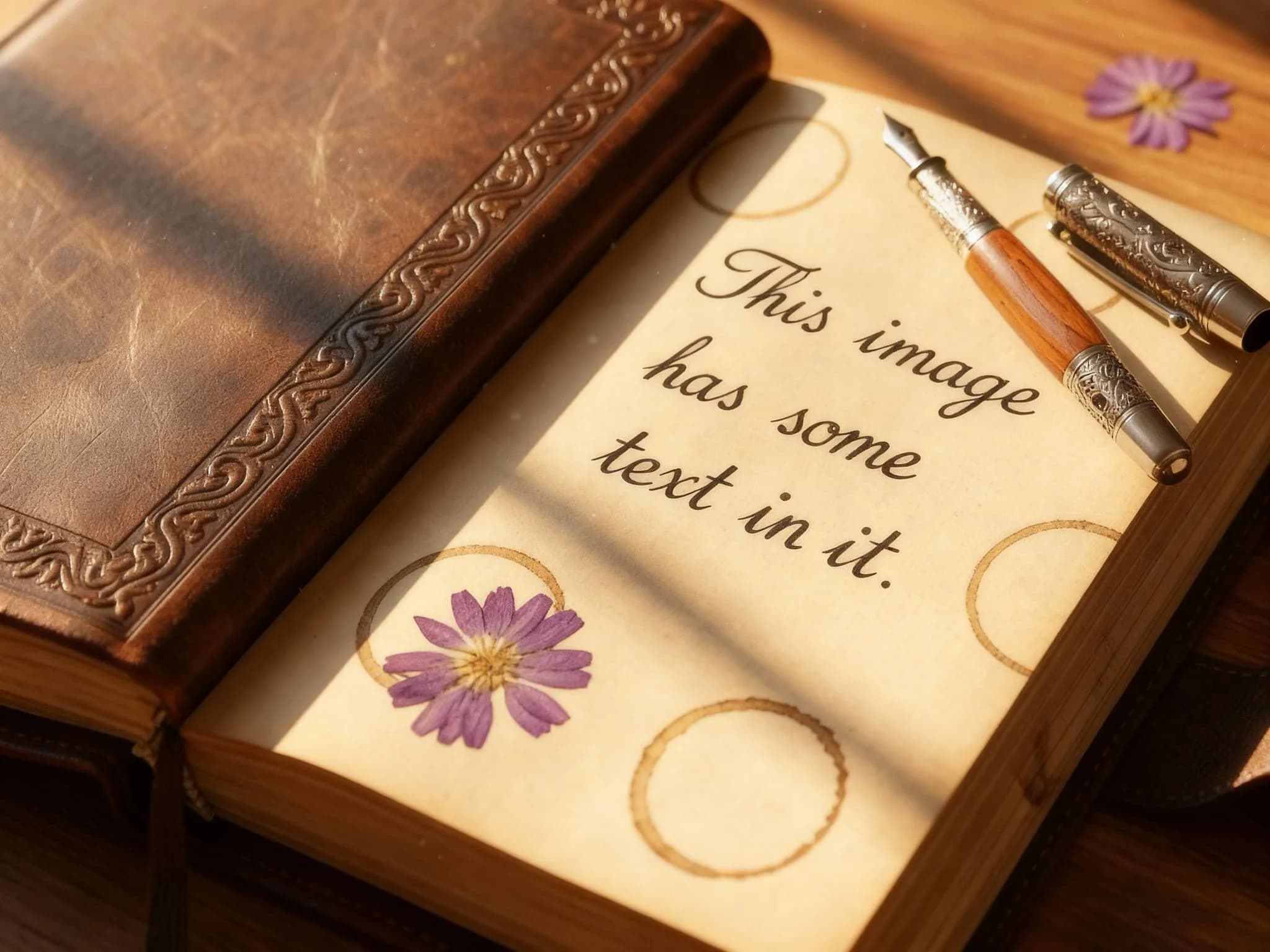 Antique leather-bound journal with calligraphy pens, purple pressed flowers, and handwritten text on cream pages in warm sunlight