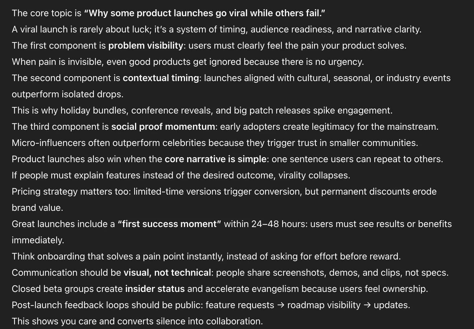Guide explaining why product launches go viral: problem visibility, contextual timing, social proof momentum, simple narrative, pricing strategy, and first success moments for marketing success.