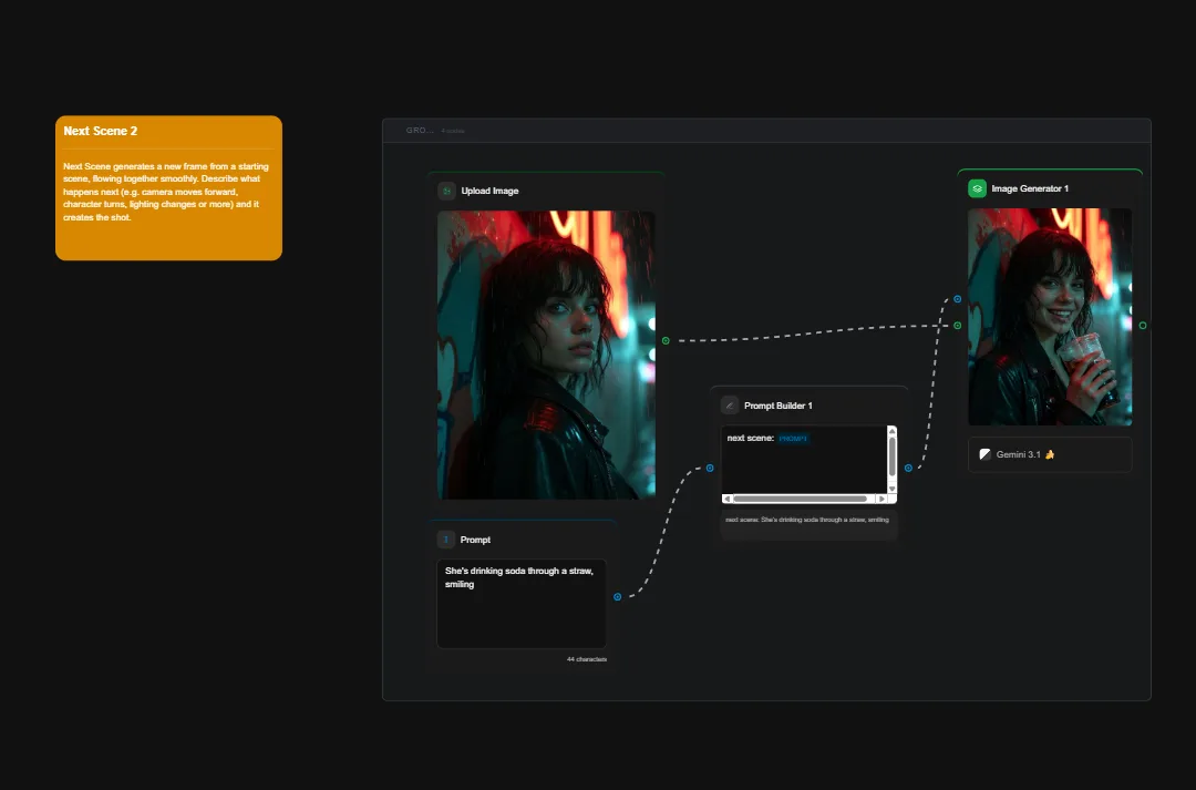 AI image generator interface showing cyberpunk-styled woman with neon red and teal lighting, prompt builder, and image generation controls