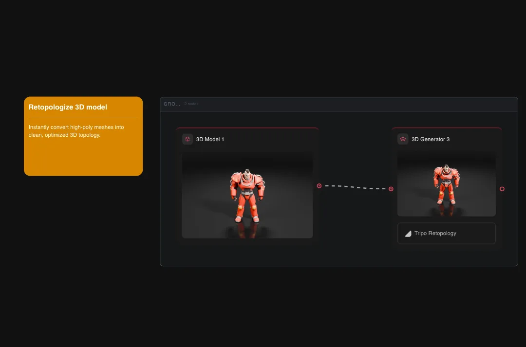 3D model retopology interface showing orange robot character conversion from high-poly to optimized low-poly topology using Tripo Retopology software
