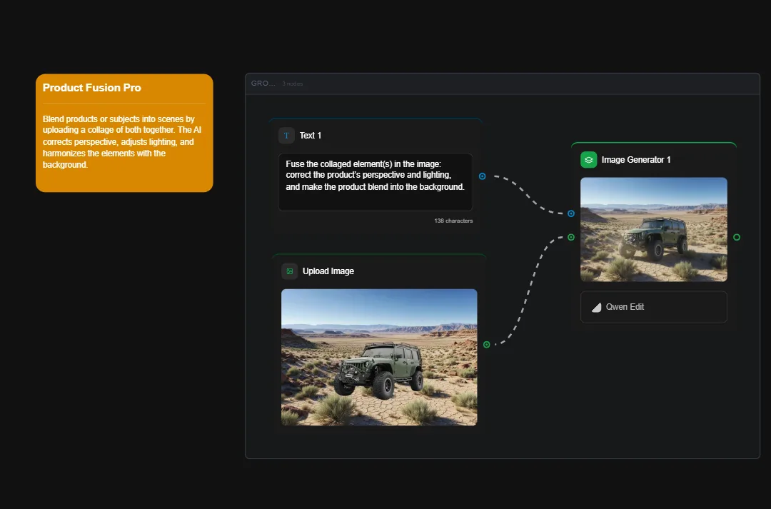 Product Fusion Pro AI tool interface showing military vehicle being blended into desert landscape with perspective and lighting correction