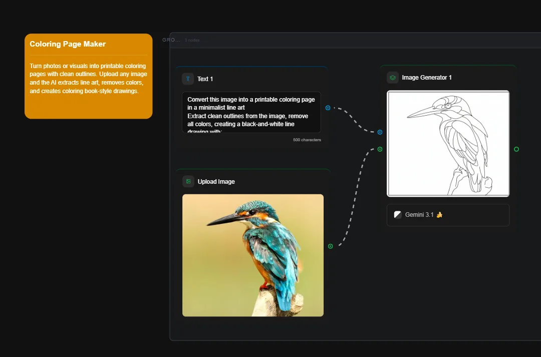 Coloring Page Maker interface showing a colorful kingfisher bird converted to black and white line art for printable coloring pages