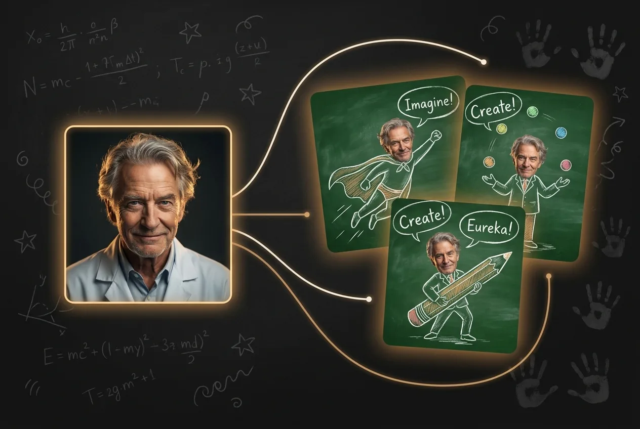 Older scientist with neon glow inspiring creative ideas shown on green chalkboards with cartoon illustrations saying imagine create eureka