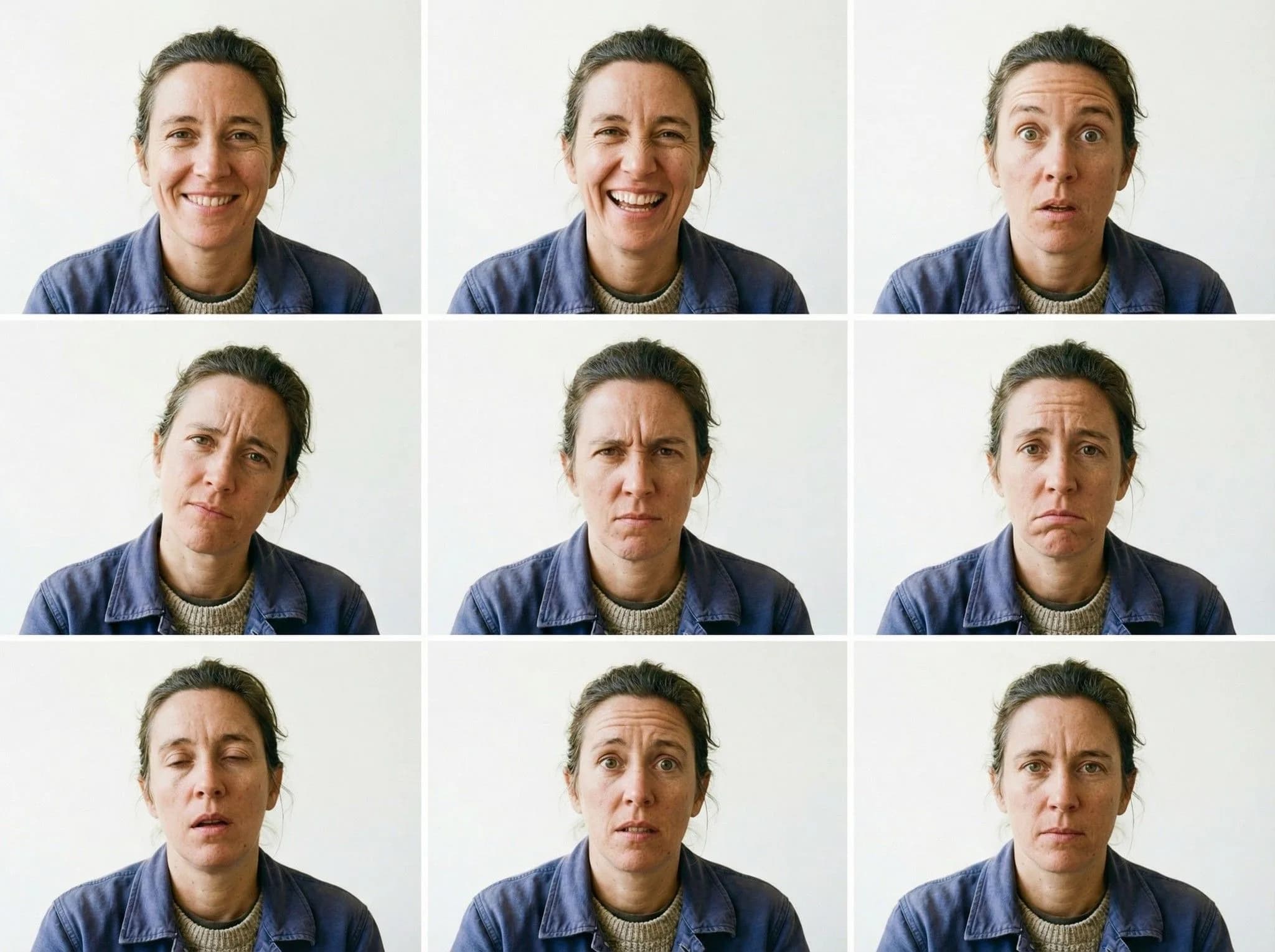 Woman displaying nine different facial expressions showing happy, surprised, sad, and neutral emotions in a grid layout