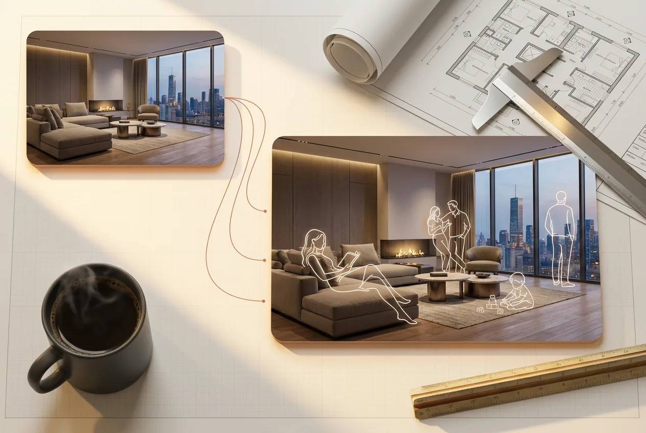 Modern luxury apartment interior design mockup with floor plan, showing high-rise city views, contemporary furniture, and line-drawn figures in spacious living area