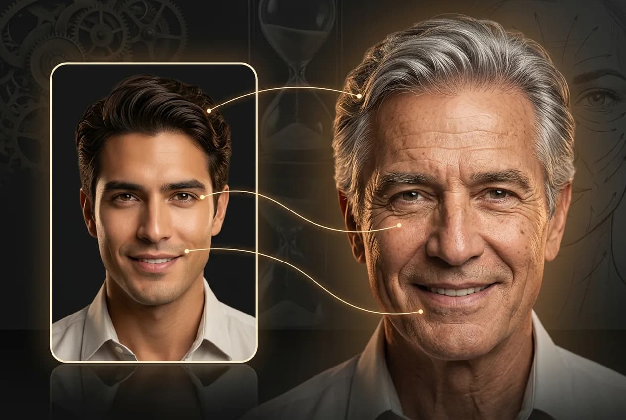 Side-by-side portrait showing facial aging progression from young man to senior man with matching facial features and gold connection lines