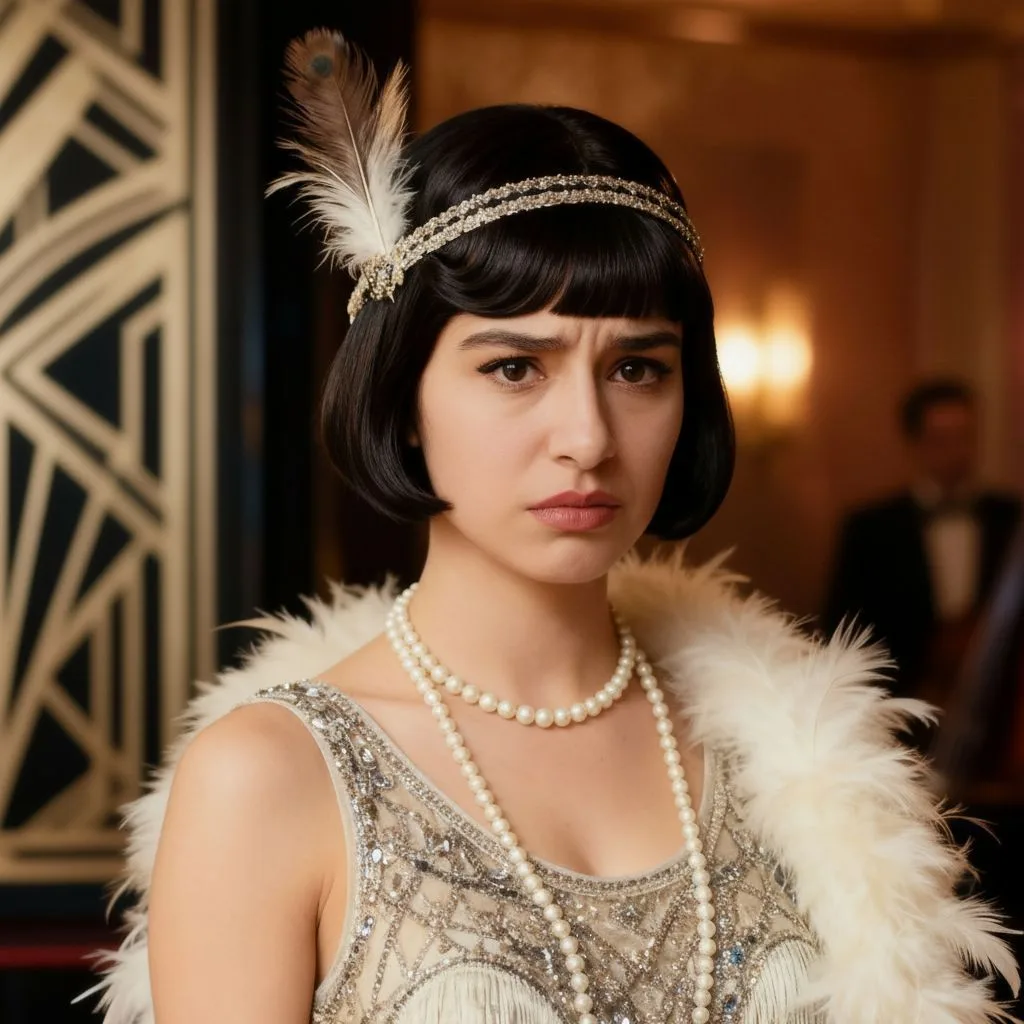 Woman in 1920s flapper dress with beaded embroidery, pearl necklace, feather headband, and short black bob haircut in Art Deco styled interior