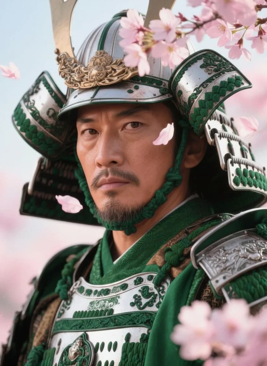 Samurai warrior in ornate green and white armor with gold details surrounded by pink cherry blossoms, traditional Japanese historical costume portrait