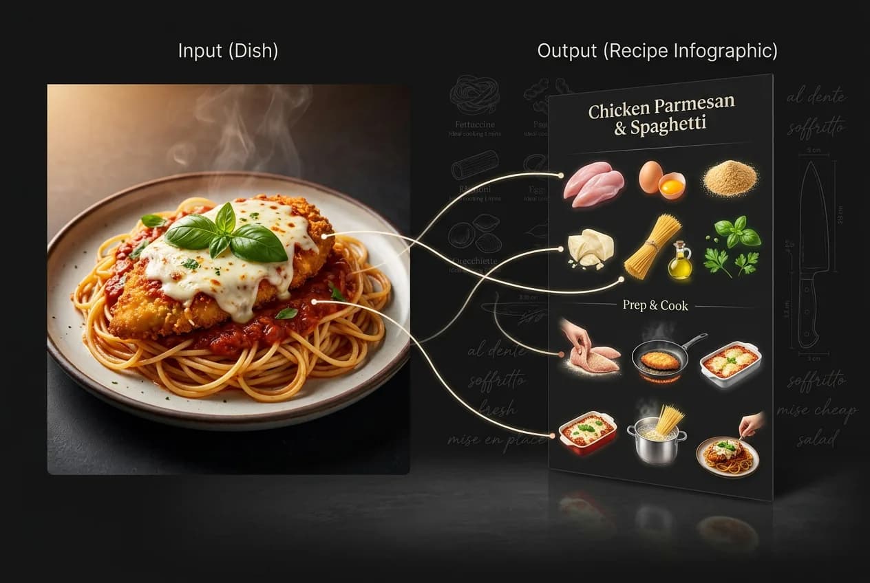 Chicken Parmesan spaghetti recipe infographic showing dish photo with ingredient components and step-by-step cooking instructions on dark background