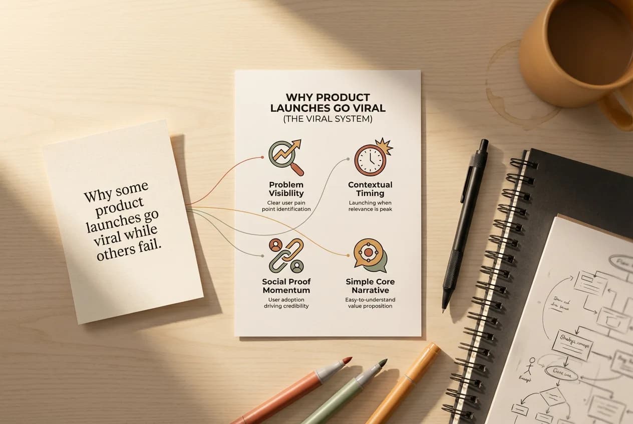 Infographic showing why product launches go viral: Problem Visibility, Contextual Timing, Social Proof Momentum, and Simple Core Narrative on desk with notebooks and markers