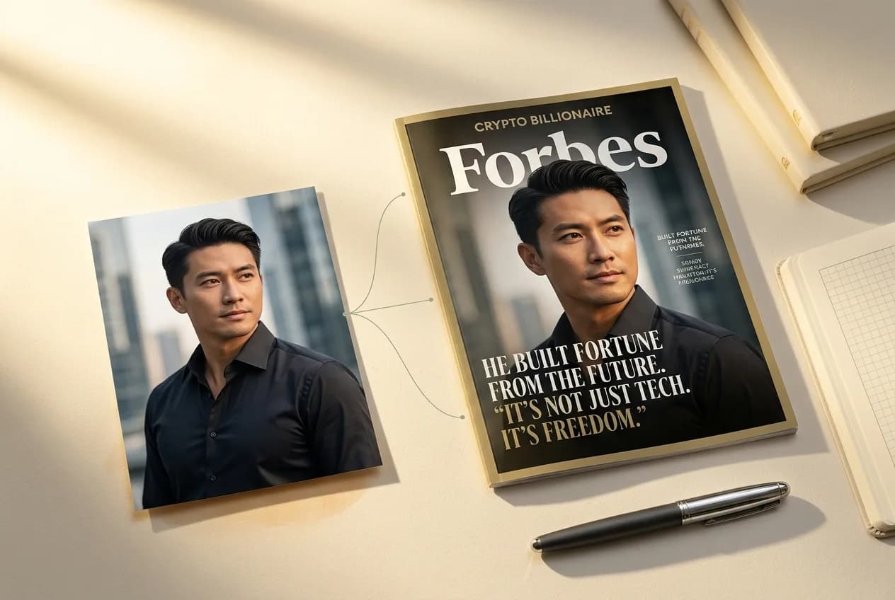 Forbes magazine cover featuring crypto billionaire with headline about building fortune from the future, displayed with portrait photo and pen on white desk