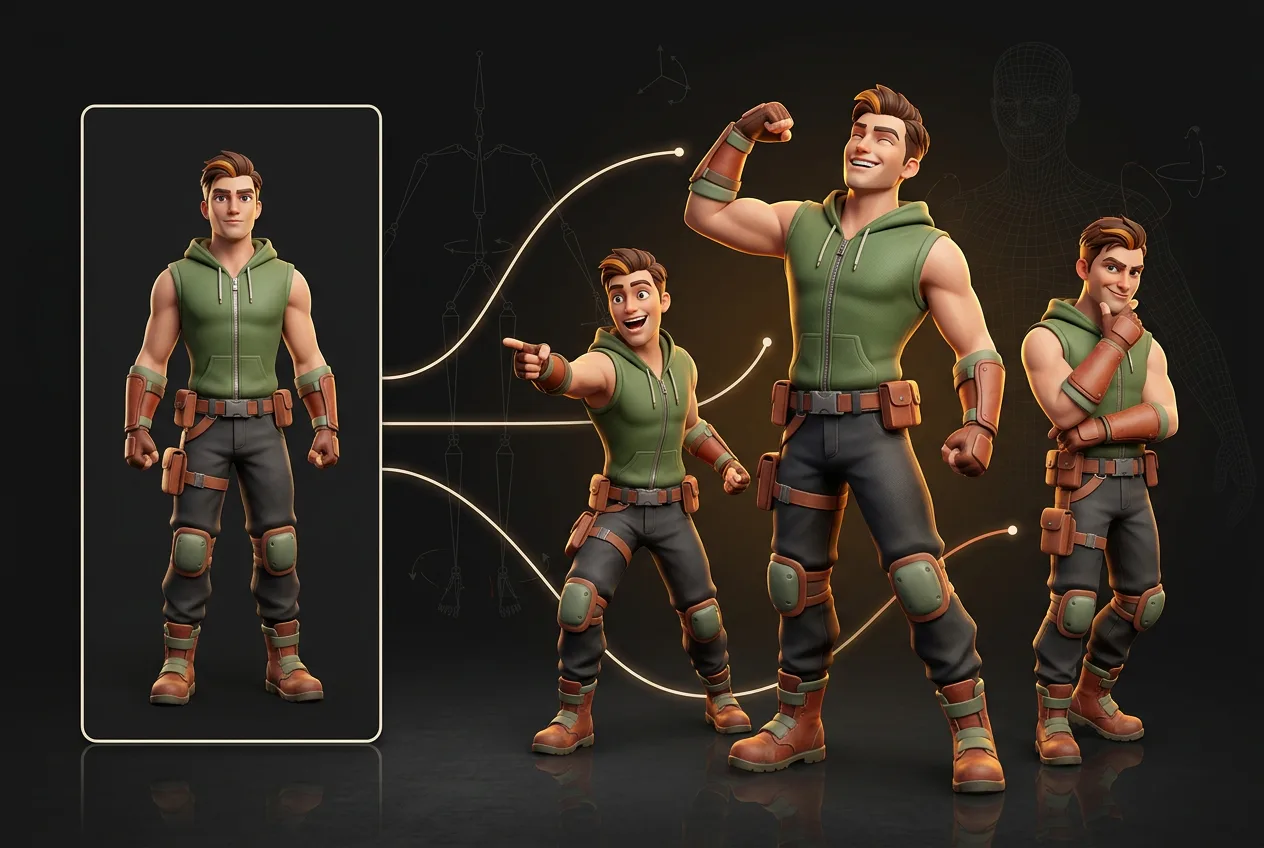3D animated male hunter character in green vest and brown gear shown in multiple action poses with fishing rod and dynamic gestures
