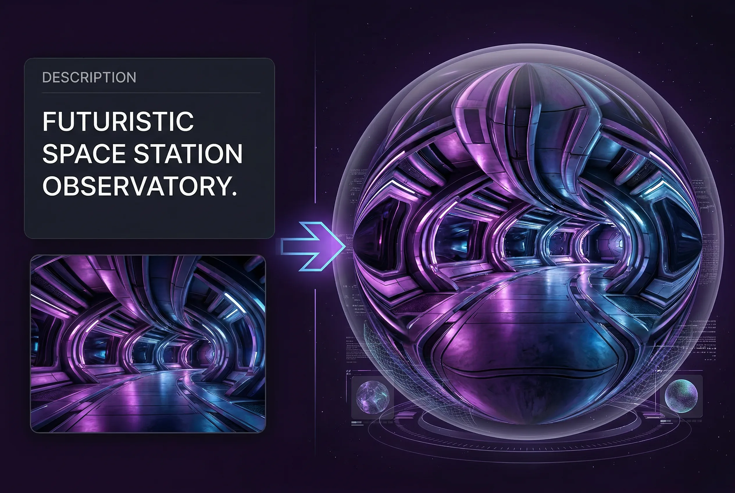 Futuristic spherical space station observatory with purple and blue neon lighting, futuristic sci-fi architecture, digital concept art