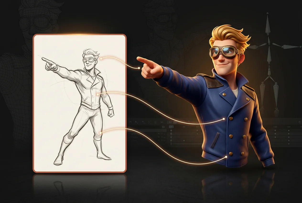3D animated character with blonde hair and glasses in blue blazer pointing, next to sketch drawing showing design concept and animation process