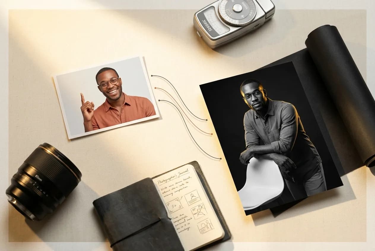 Professional photography flatlay with camera lens, vintage camera, portrait prints, and photographer's notebook on neutral background