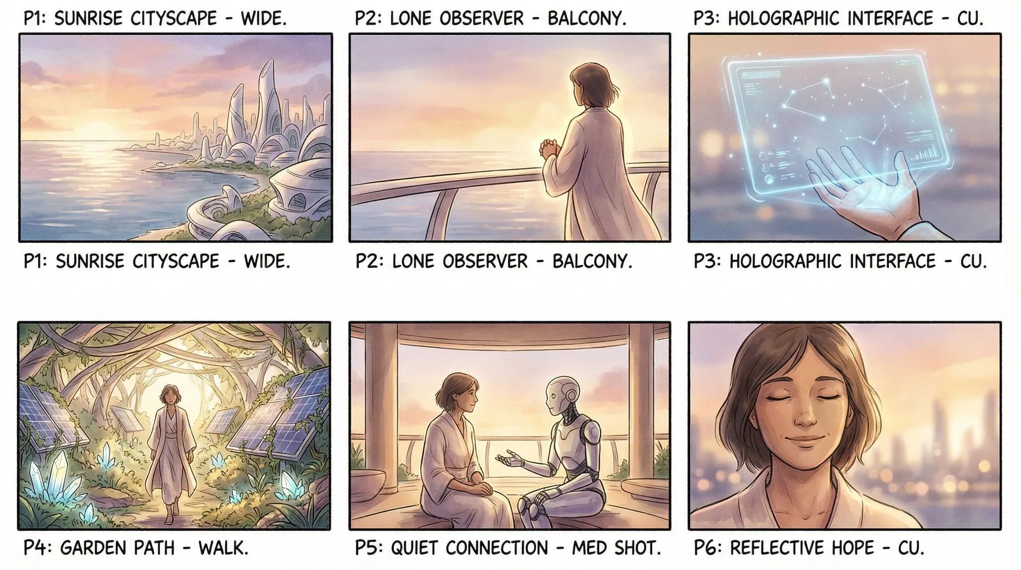 Collection of six digital illustrations featuring futuristic sci-fi scenes: sunrise cityscape, lone observer on balcony, holographic interface, garden path, human-robot connection, and reflective closeup portrait.