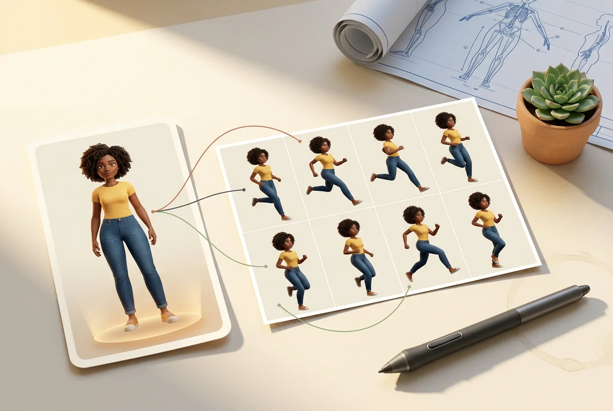 Character animation sheet showing female figure in yellow shirt and blue pants with multiple running pose variations on designer workspace with blueprints and stylus