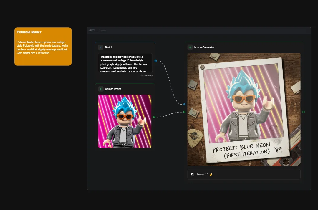 Polaroid Maker app interface showing neon blue-haired character with sunglasses transformed into vintage-style Polaroid photo with pink striped background