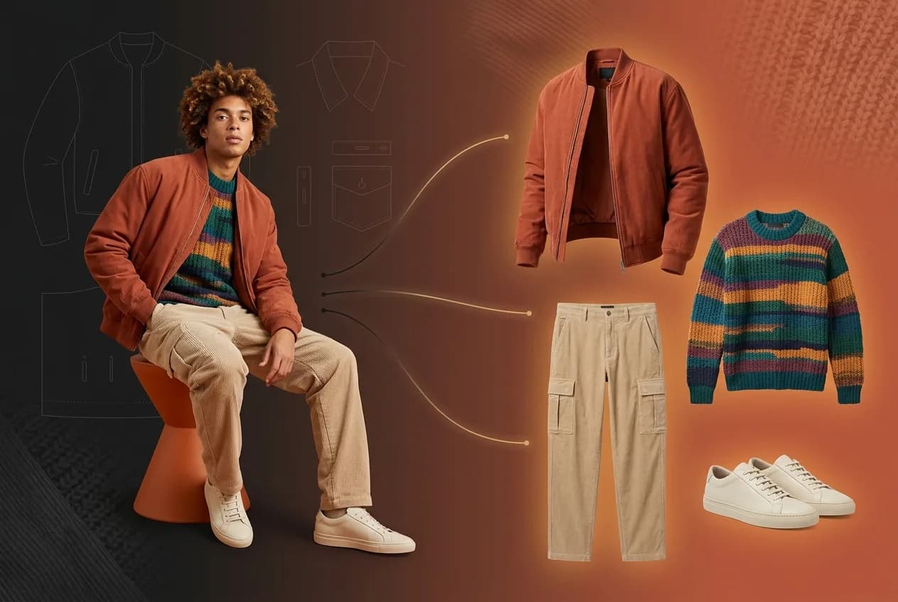 Young man in rust orange bomber jacket and colorful striped sweater with cargo pants and white sneakers, fashion lookbook styling guide